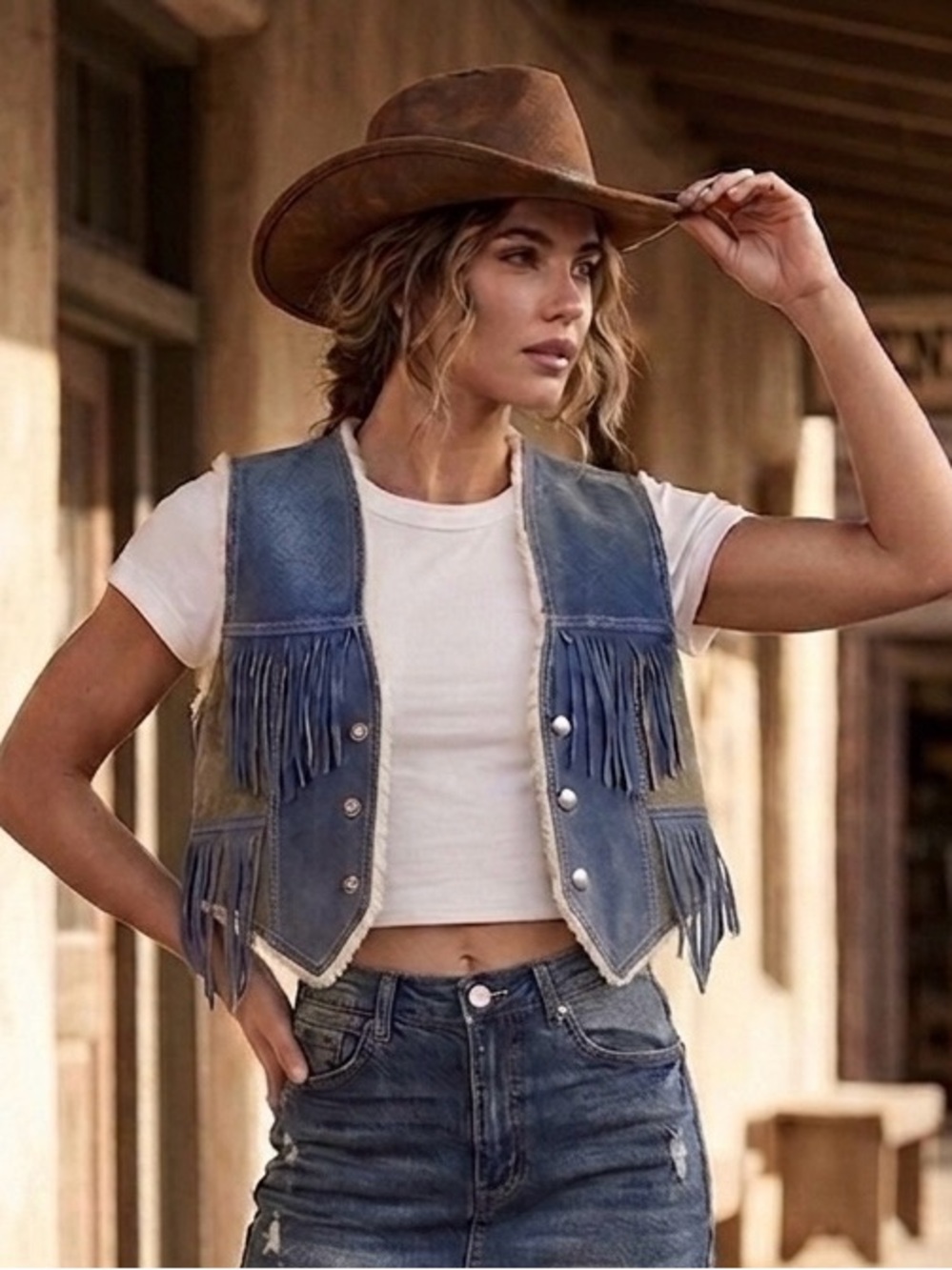 LEATHER SHERPA LINED FRINGE VEST